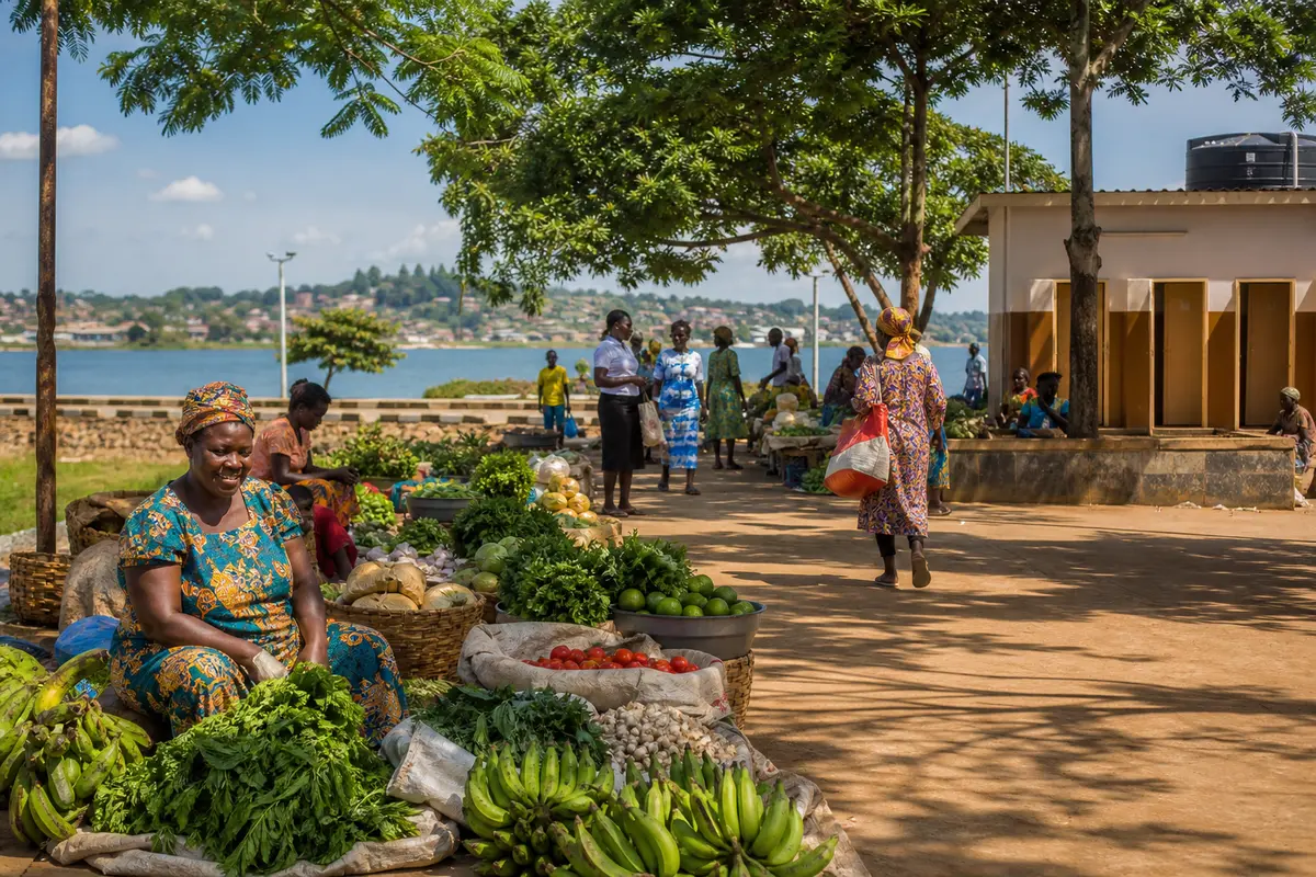 Residents shopping at a clean local market near Lake Victoria